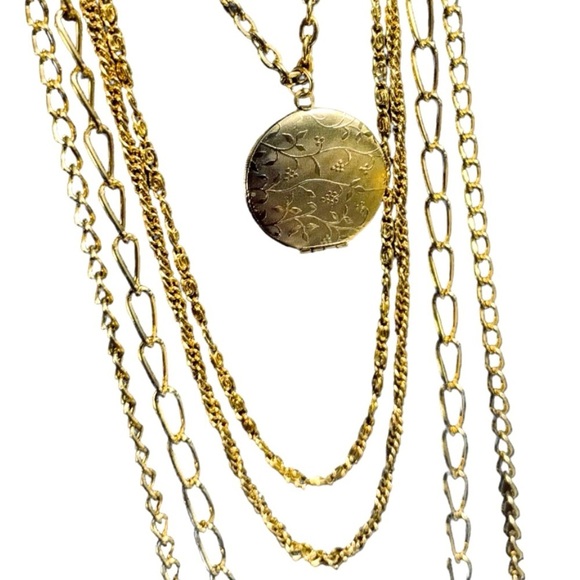Long Multi Strand Gold Necklace with Locket Five Gold Tone Chains and Locket - Picture 10 of 12
